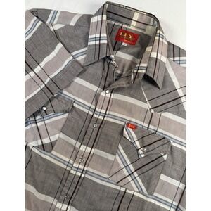 Vtg Ely Plains Western Pearlsnap Short Sleeve‎ Mens Large Gray Plaid Rodeo